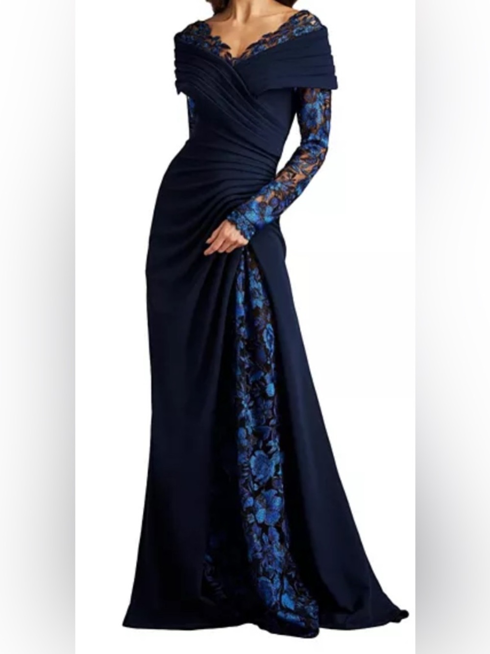 NWT TADASHI SHOJI-Portrait Collar Lace Inset Crepe A-Line Gown